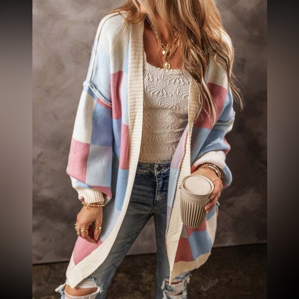 Luxe Color Block Open Front Long Sleeve Knit Sweater Cardigan